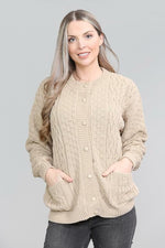 Load image into Gallery viewer, Womens Cable Knit Crew Neck Cardigan Ladies Knitted Pocket Front Button Up Aran Long Sleeve Sweater UK 8-22
