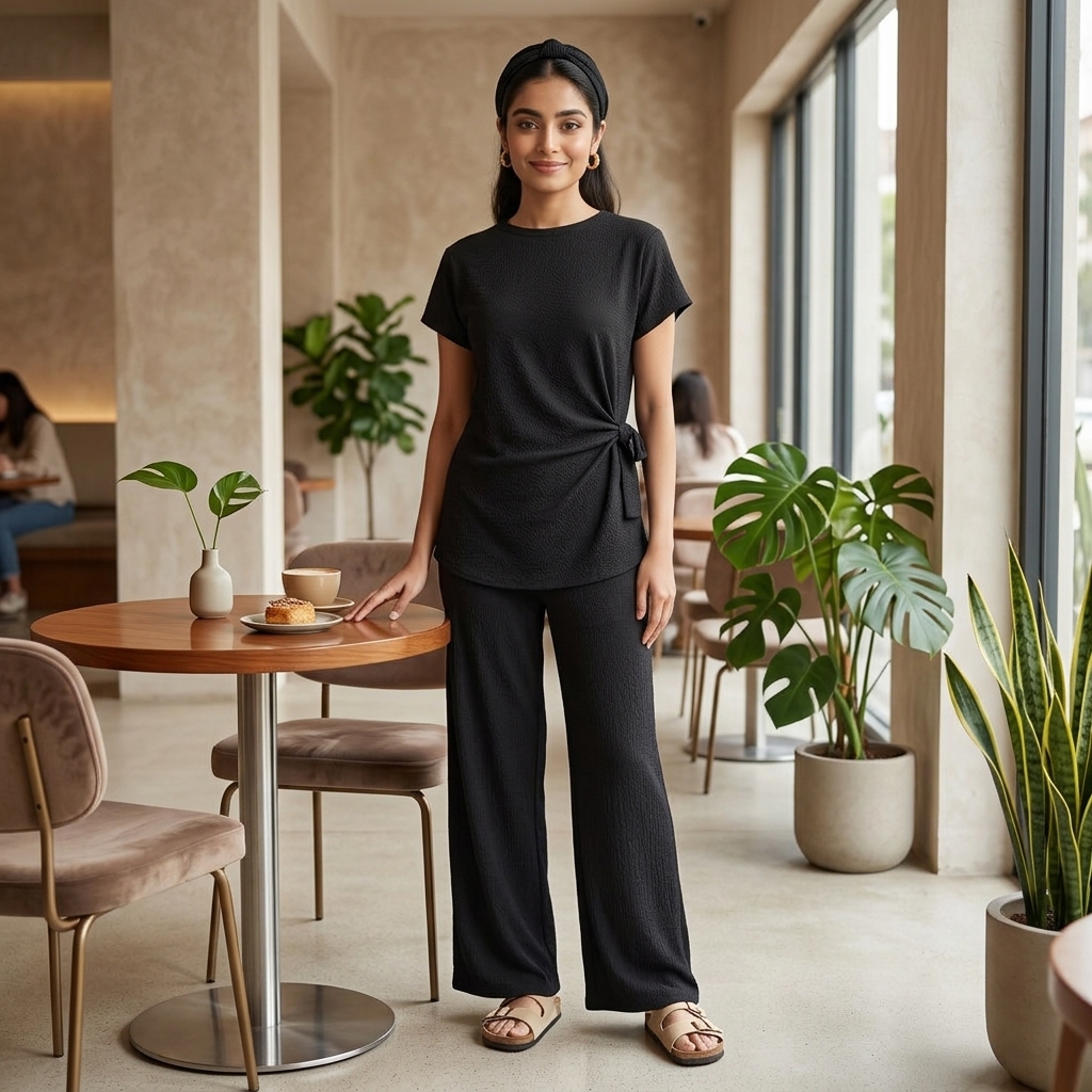 LUXE DIVA Women’s Textured Co Ord Set – Knot Front Top & Wide Leg Trousers