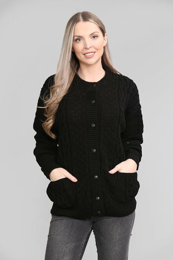 LUXE DIVA Women's Cable Knit Button Up Aran Cardigan Pockets