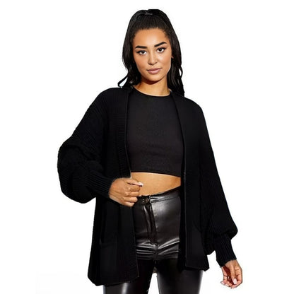 LUXE DIVA Women's Chunky Cable Knit Balloon Sleeve Cardigan