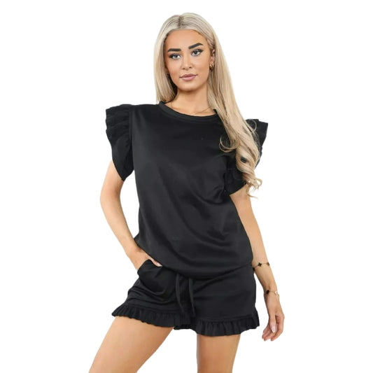 LUXE DIVA Women's Ribbed Frill Peplum Short Set Co-Ord