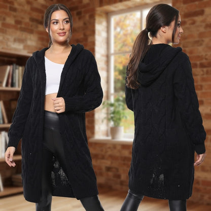 Luxe Diva Womens Oversized Hooded Cardigan Chunky Cable Knit Longline Open Front Winter Casual Style