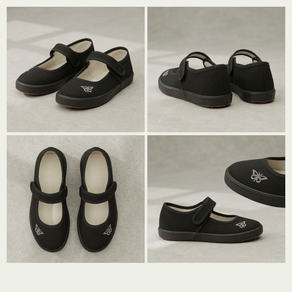 LUXE DIVA Girls Black Canvas School Shoes Touch Fastening PE Gym Dance Pumps