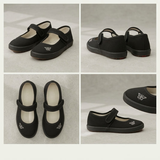 LUXE DIVA Girls Butterfly PE Pumps Black School Shoes with Touch Fastening for Gym, Dance, Sports & Indoor Activities
