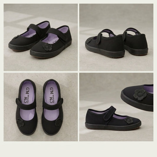 LUXE DIVA Girls Daisy Flower PE Pumps Black School Trainers with Touch Fastening for PE, Gym, Dance & Sports