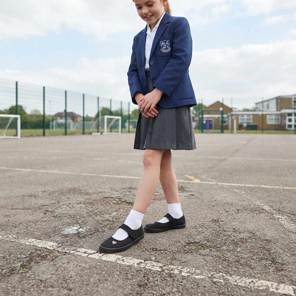 LUXE DIVA Girls Heart PE Pumps Black School Trainers with Touch Fastening for Sports, Gym, Dance & Indoor Activities