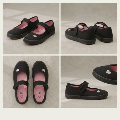 LUXE DIVA Girls Heart PE Pumps Black School Trainers with Touch Fastening for Sports, Gym, Dance & Indoor Activities