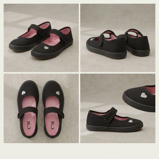 LUXE DIVA Girls Black Canvas School Shoes Touch Fastening PE Gym Dance Pumps