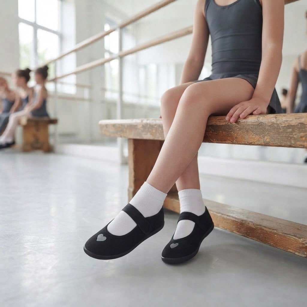 LUXE DIVA Girls Heart PE Pumps Black School Trainers with Touch Fastening for Sports, Gym, Dance & Indoor Activities