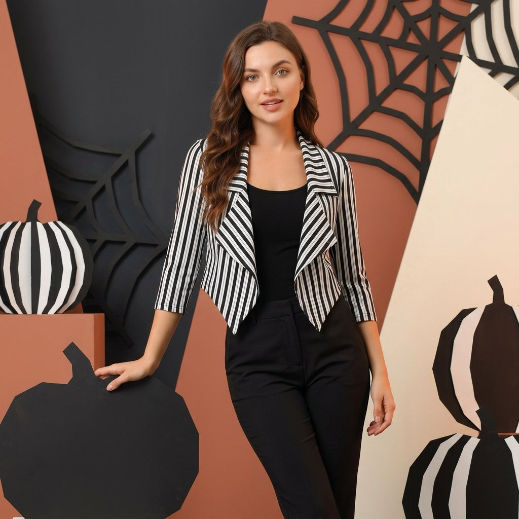 LUXE DIVA Women's Striped Waterfall Open Front Crop Blazer 3/4 Sleeves UK 8-26
