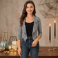LUXE DIVA Women's Striped Waterfall Open Front Crop Blazer 3/4 Sleeves UK 8-26