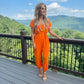 LUXE DIVA Women's V Neck Tie Belted Waist Wide Leg Parachute Jumpsuit