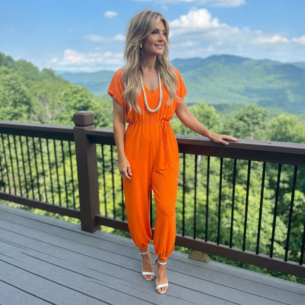 LUXE DIVA Women's V Neck Tie Belted Waist Wide Leg Parachute Jumpsuit