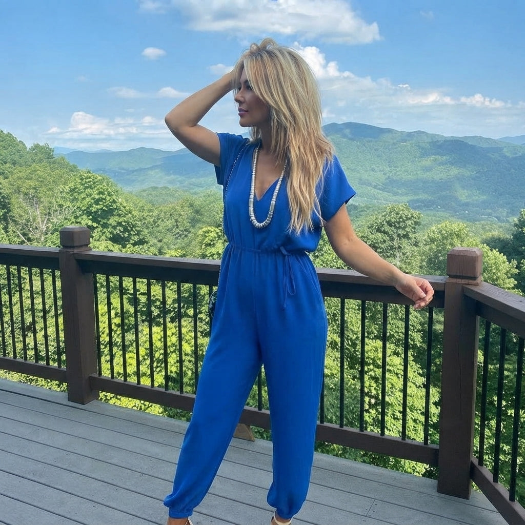 LUXE DIVA Women's V Neck Tie Belted Waist Wide Leg Parachute Jumpsuit