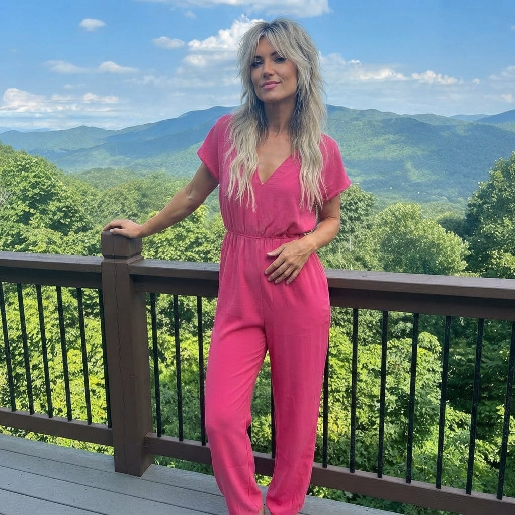 LUXE DIVA Women's V Neck Tie Belted Waist Wide Leg Parachute Jumpsuit