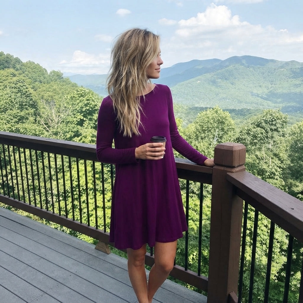 LUXE DIVA Women's Plus Size Plain Long Sleeve Swing Dress A Line Mini Dress