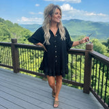 LUXE DIVA Women's Gold Button Pleated Frill Summer Swing Smock Mini Dress