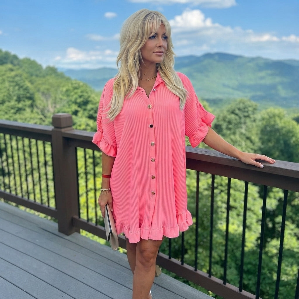 LUXE DIVA Women's Gold Button Pleated Frill Summer Swing Smock Mini Dress