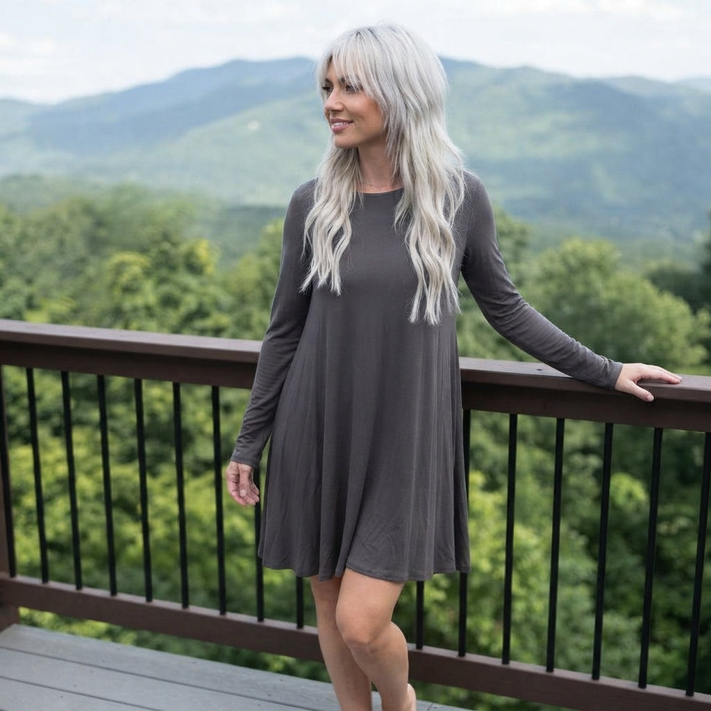 LUXE DIVA Women's Plus Size Plain Long Sleeve Swing Dress A Line Mini Dress