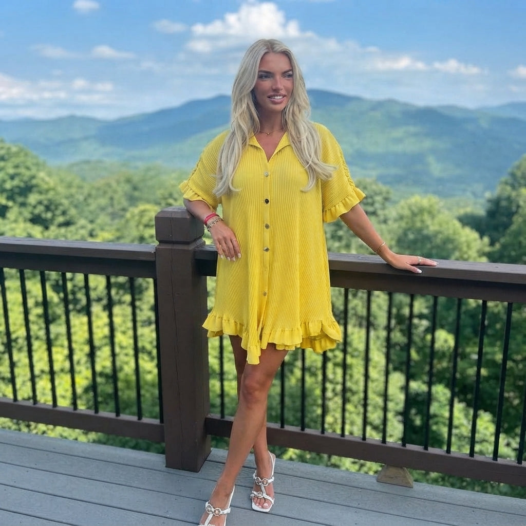 LUXE DIVA Women's Gold Button Pleated Frill Summer Swing Smock Mini Dress