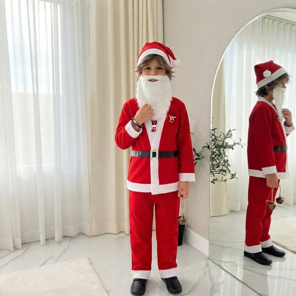 LUXE DIVA Boys Santa Claus Costume Red Christmas Fancy Dress 5PC Set with Hat Beard Jacket Trousers Belt