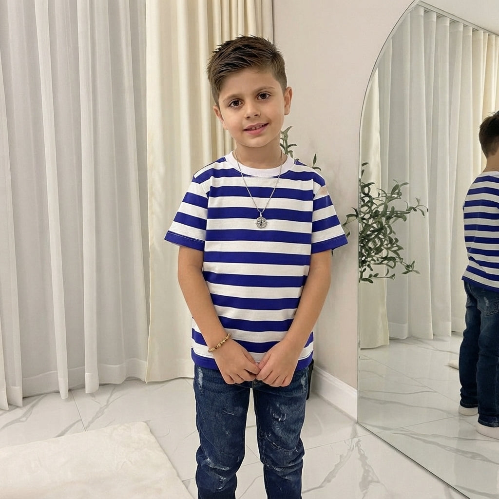 LUXE DIVA Kids Unisex Red & White Striped T-Shirt Children's Casual Summer Top