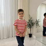 LUXE DIVA Kids Unisex Red & White Striped T-Shirt Children's Casual Summer Top
