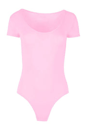 Womens Ladies New Cap Short Sleeve Plain Round Neck Stretch Leotard Bodysuit T-Shirt Plunge Top