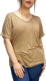 Load image into Gallery viewer, Women&#39;s New Plus Size Womens Short Turn Up Sleeve Baggy Plain Top Ladies V-Neck T-Shirt 16-26
