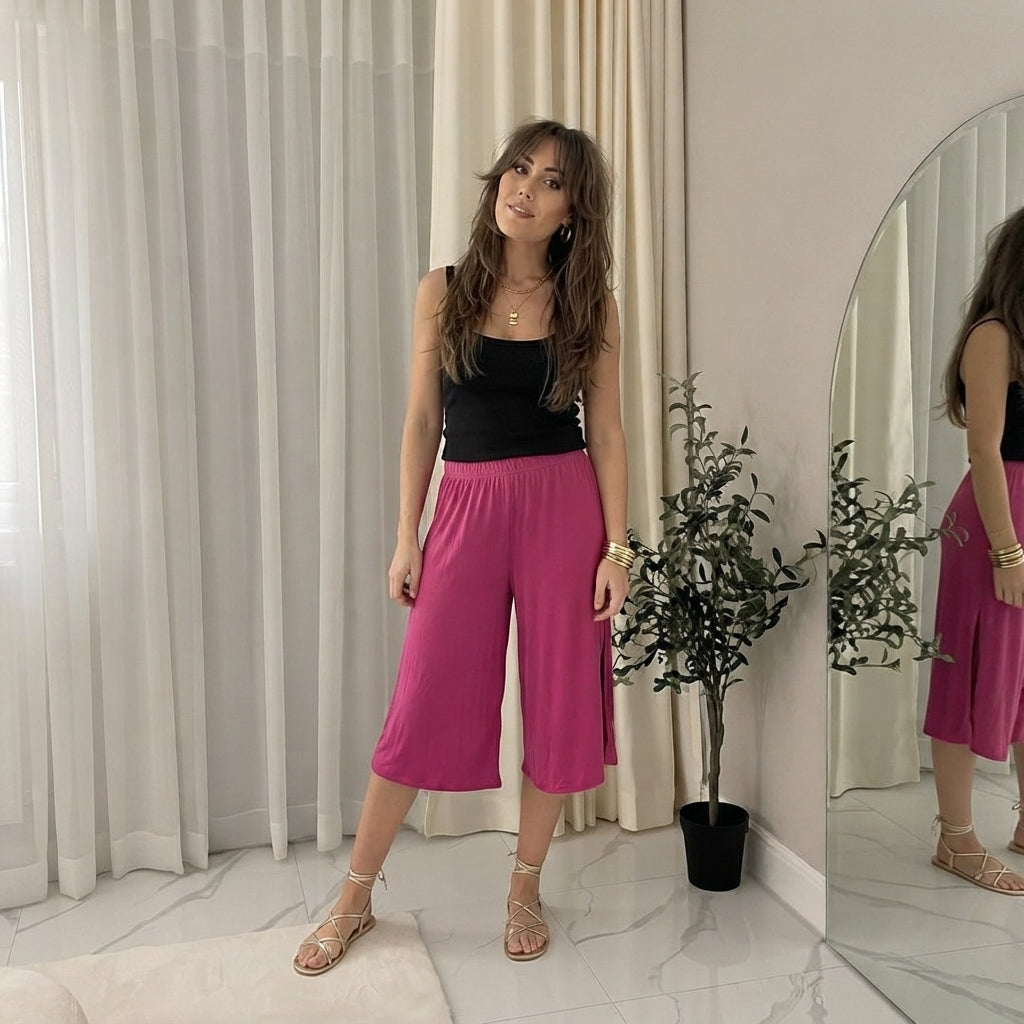 LUXE DIVA Women's 3/4 Palazzo Culottes Wide Leg Stretch