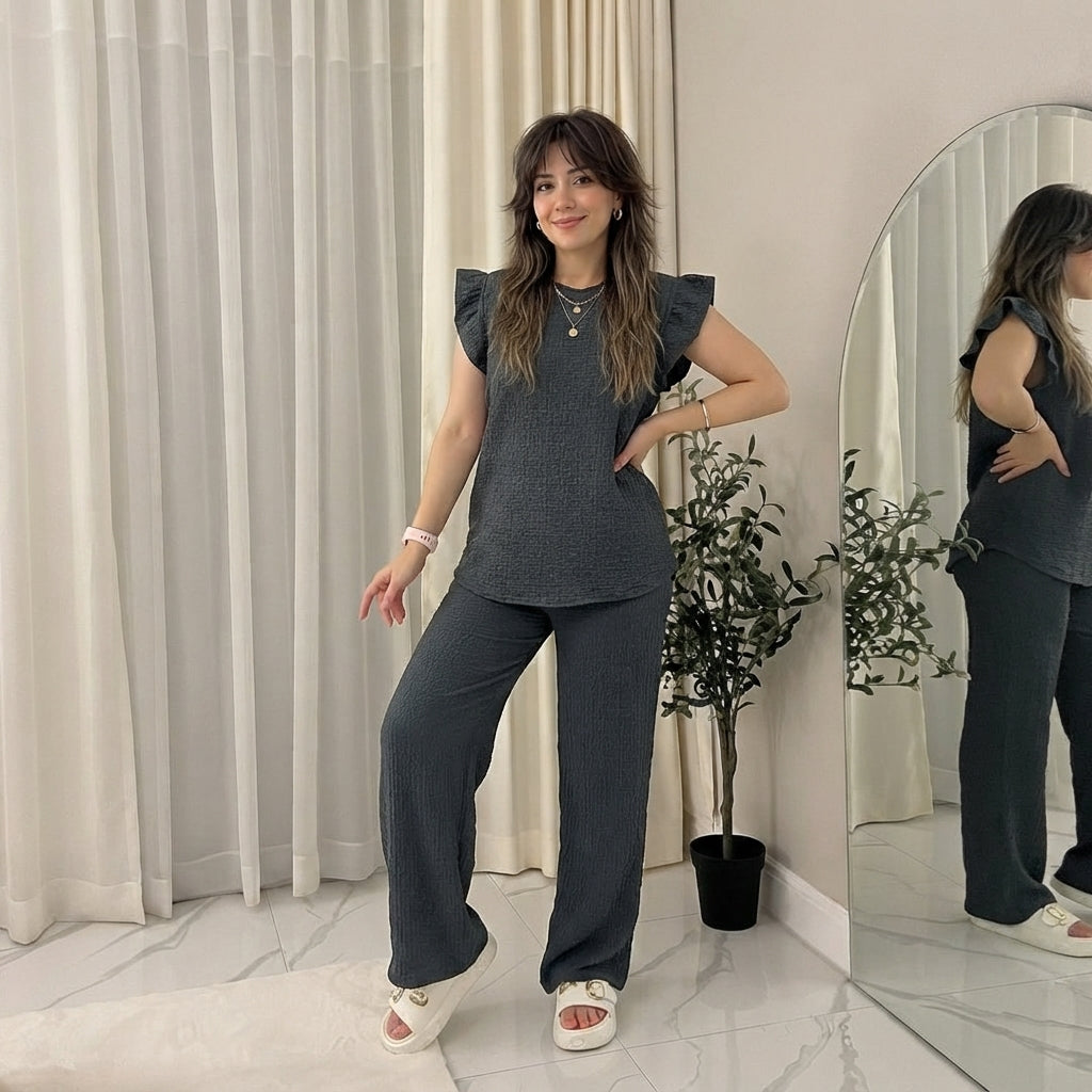 LUXE DIVA Women's Super Soft Popcorn Frill Sleeve Top & Trousers 2 Piece Lounge Set