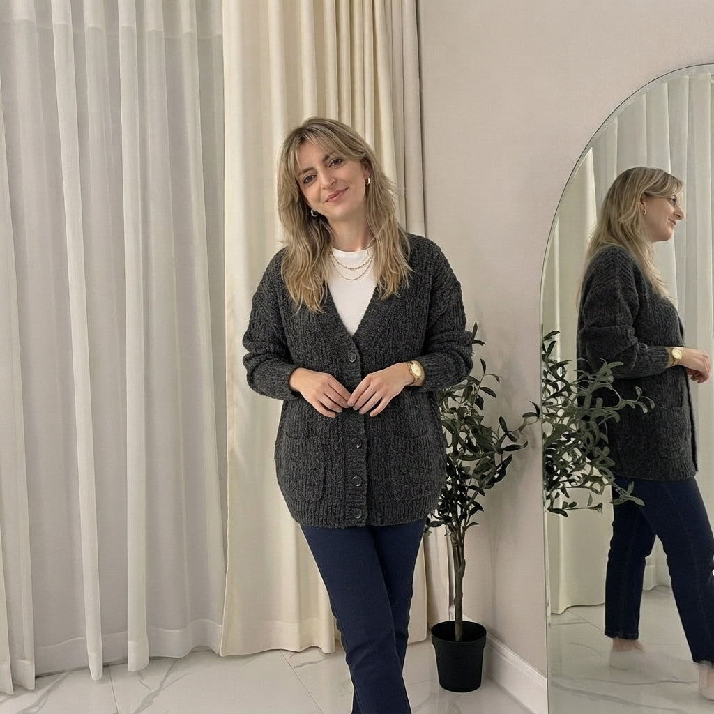 LUXE DIVA Women’s Longline V Neck Cardigan 5 Button Oversized Knit