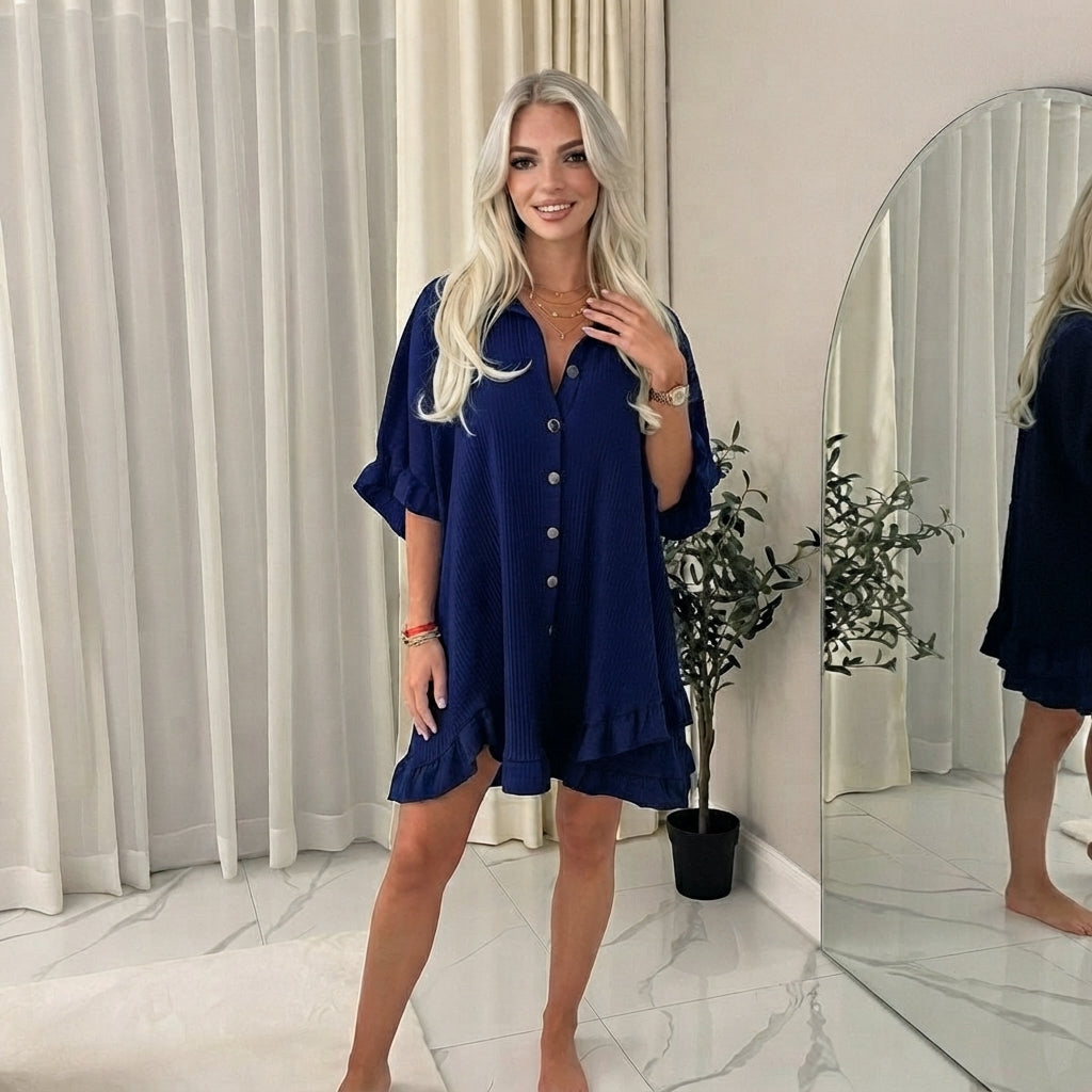 LUXE DIVA Women's Ladies Gold Button Pleated Frill Summer Shirt Swing Smock Mini Dress Top