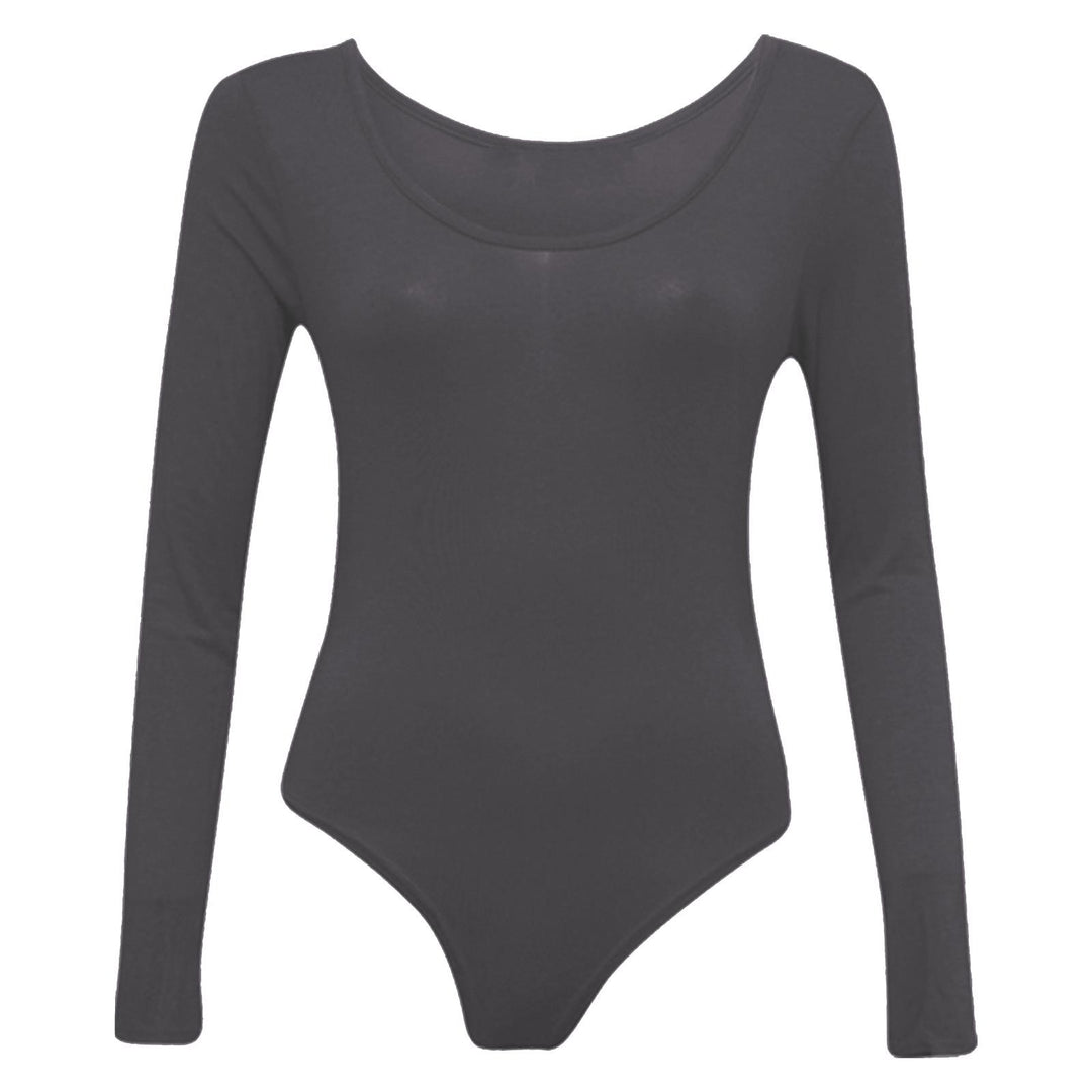 Ladies New Plain Round Neck Long Sleeve Slim Fit Basic Stretchy Leotard Bodysuit Top