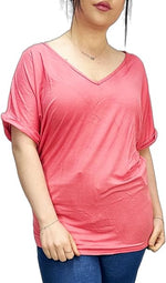 Load image into Gallery viewer, Women&#39;s New Plus Size Womens Short Turn Up Sleeve Baggy Plain Top Ladies V-Neck T-Shirt 16-26
