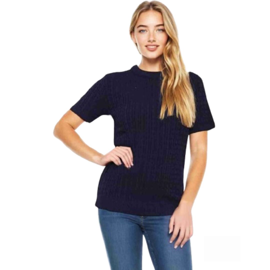 LUXE DIVA Women’s Short Sleeve Soft Smooth Cable Knitted Jumper Ladies Round Neck Oversized Pull Over Knit Warm Sweaters Top Plus Size 8-24