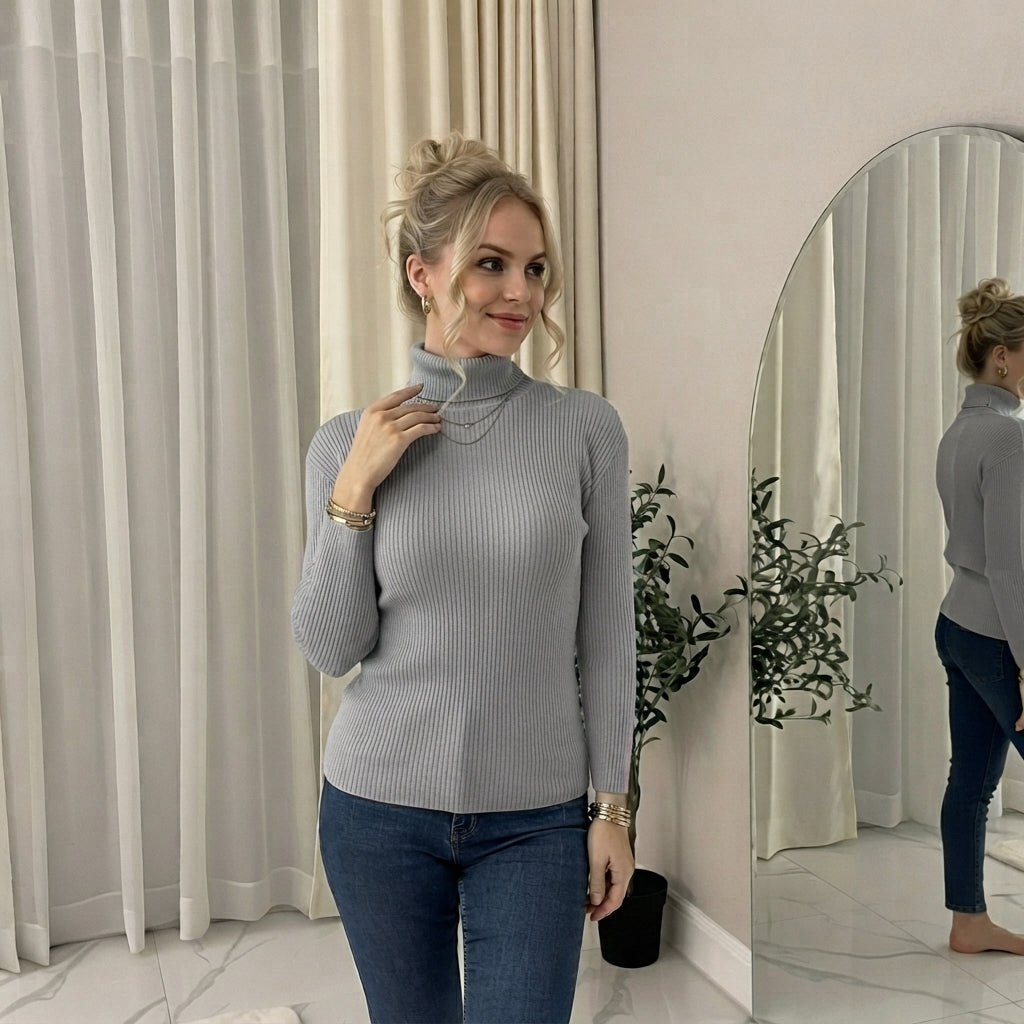 LUXE DIVA Ladies Fine Knit Polo Neck Jumper Super Stretch Ribbed Sweater