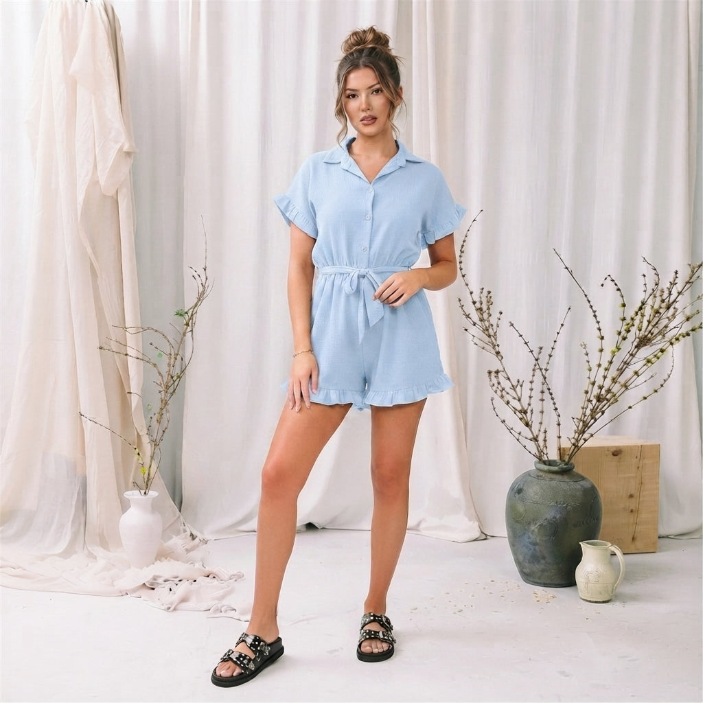 LUXE DIVA Women's Gold Button Belted Playsuit Short Sleeve Romper