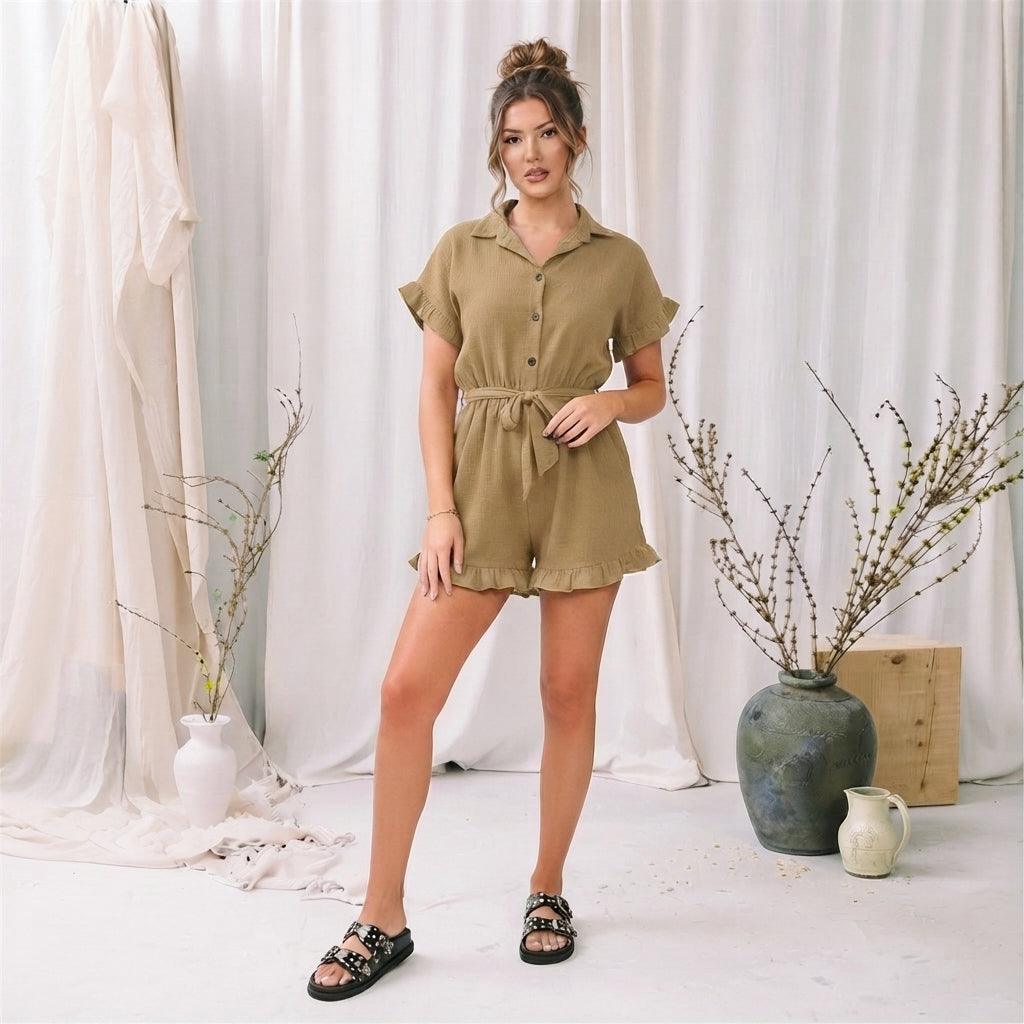 LUXE DIVA Women's Gold Button Belted Playsuit Short Sleeve Romper