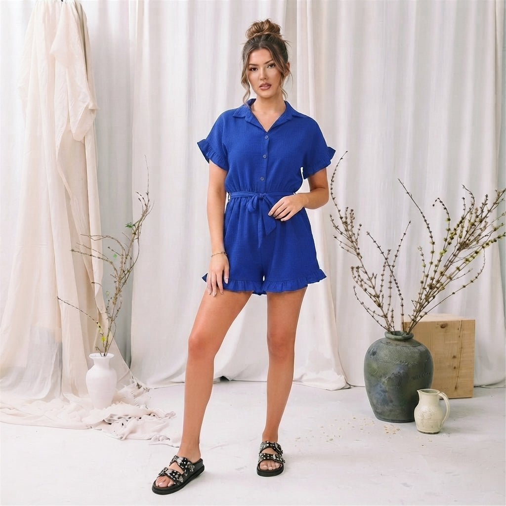 LUXE DIVA Women's Gold Button Belted Playsuit Short Sleeve Romper
