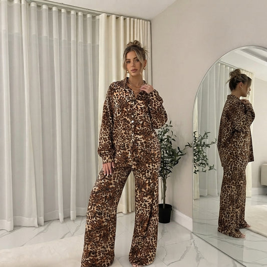 LUXE DIVA LADIES BROWN LEOPARD ITALAIN 2 PIECE SHIRT BLOUSE WITH WIDE LEG PLAZZO TRS SUIT LOUNGE WEAR LOOSE FIT