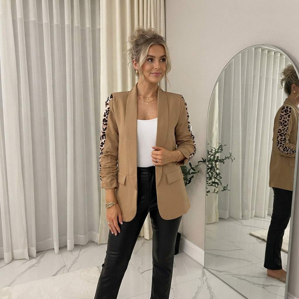 LUXE DIVA Women's Italian Style Blazer Leopard Print Ruched Sleeves 2 Flap Pockets