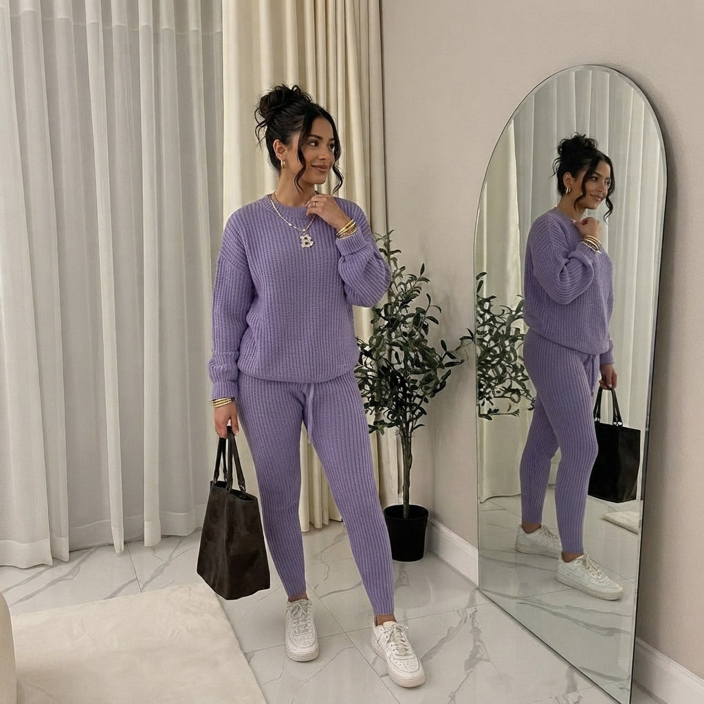 Women's Solid Drop Shoulder Sweater Set, 2024 New Drop Shoulder Rib-Knit Sweater & Pants Set