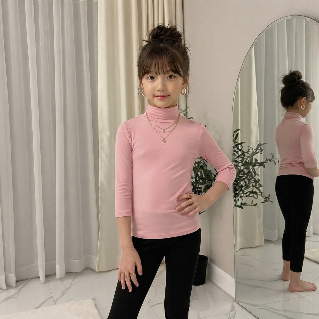 LUXE DIVA Kids Plain Pastel Long Sleeve Polo Neck T Shirt Boys Girls