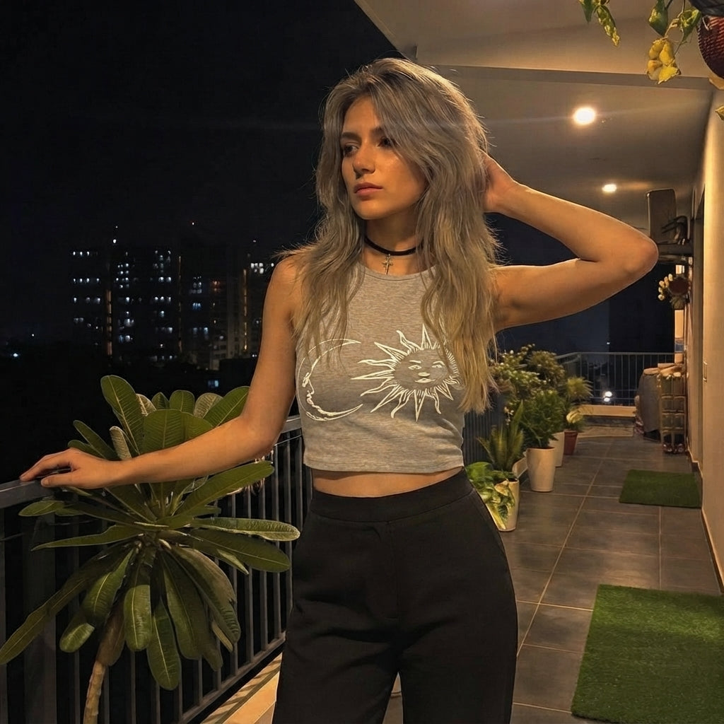 LUXE DIVA Women's Sun & Moon Print Halter Neck Crop Top Celestial Summer
