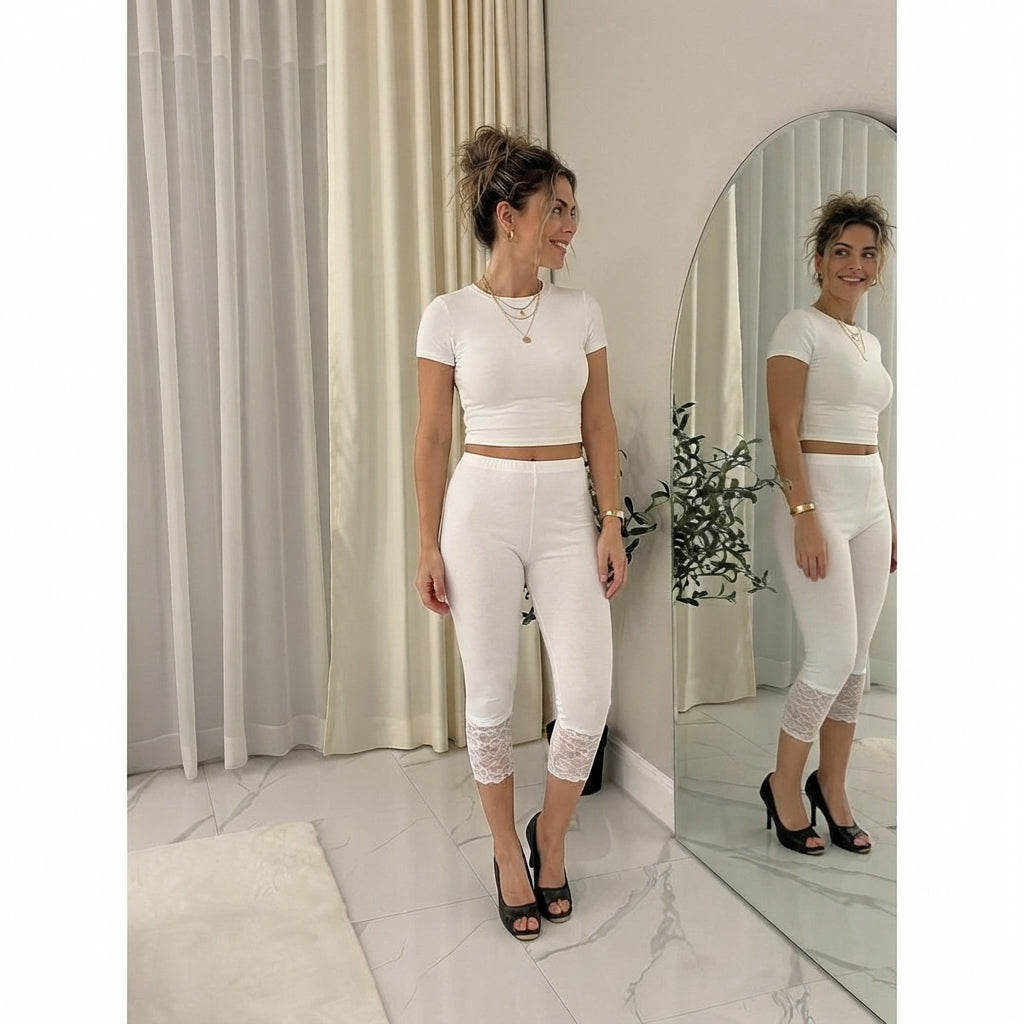 LUXE DIVA Women's Plus Size Lace Trim Capri Leggings Stretch Crop Leggings Summer Tights PantsS-3XL