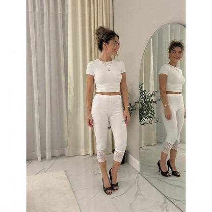 LUXE DIVA Women's Plus Size Lace Trim Capri Leggings Stretch Crop Leggings Summer Tights PantsS-3XL
