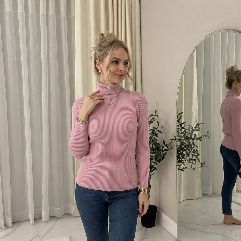 LUXE DIVA Ladies Fine Knit Polo Neck Jumper Super Stretch Ribbed Sweater