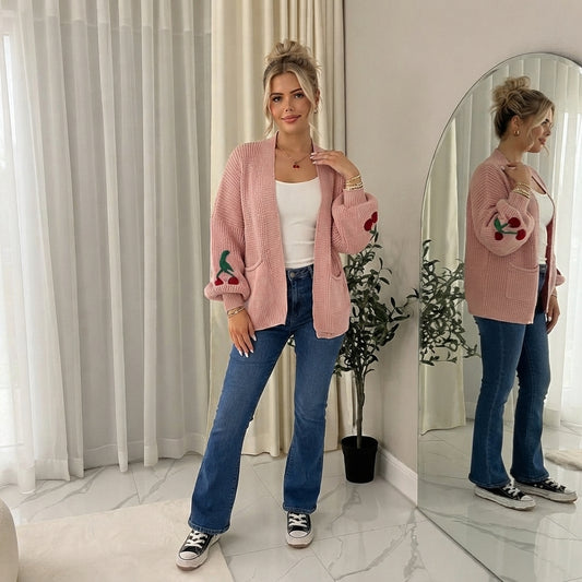 LUXE DIVA Womens Knitted Cherry Print Balloon Sleeves Cardigan
