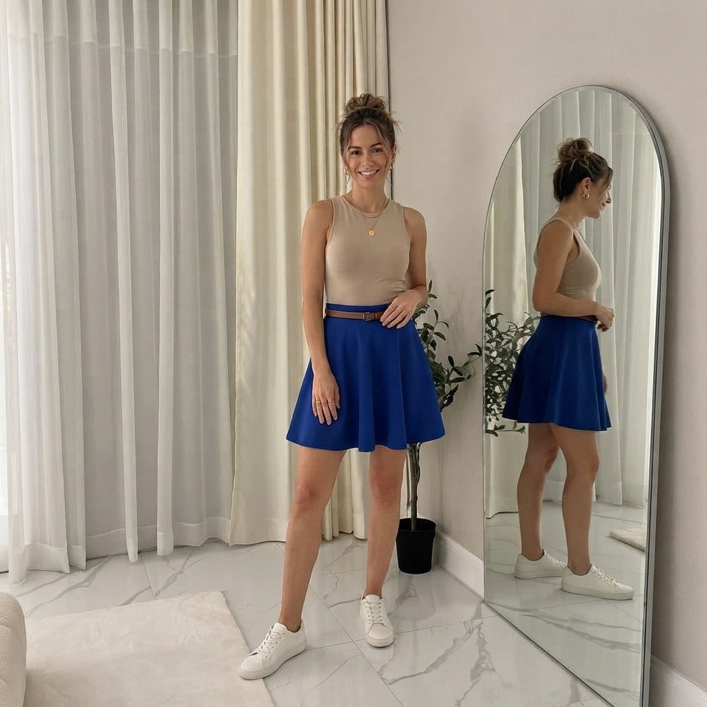 LUXE DIVA Womens Belted Flared Mini Swing Skirt Short Skater Party Plain Ladies UK 8-22